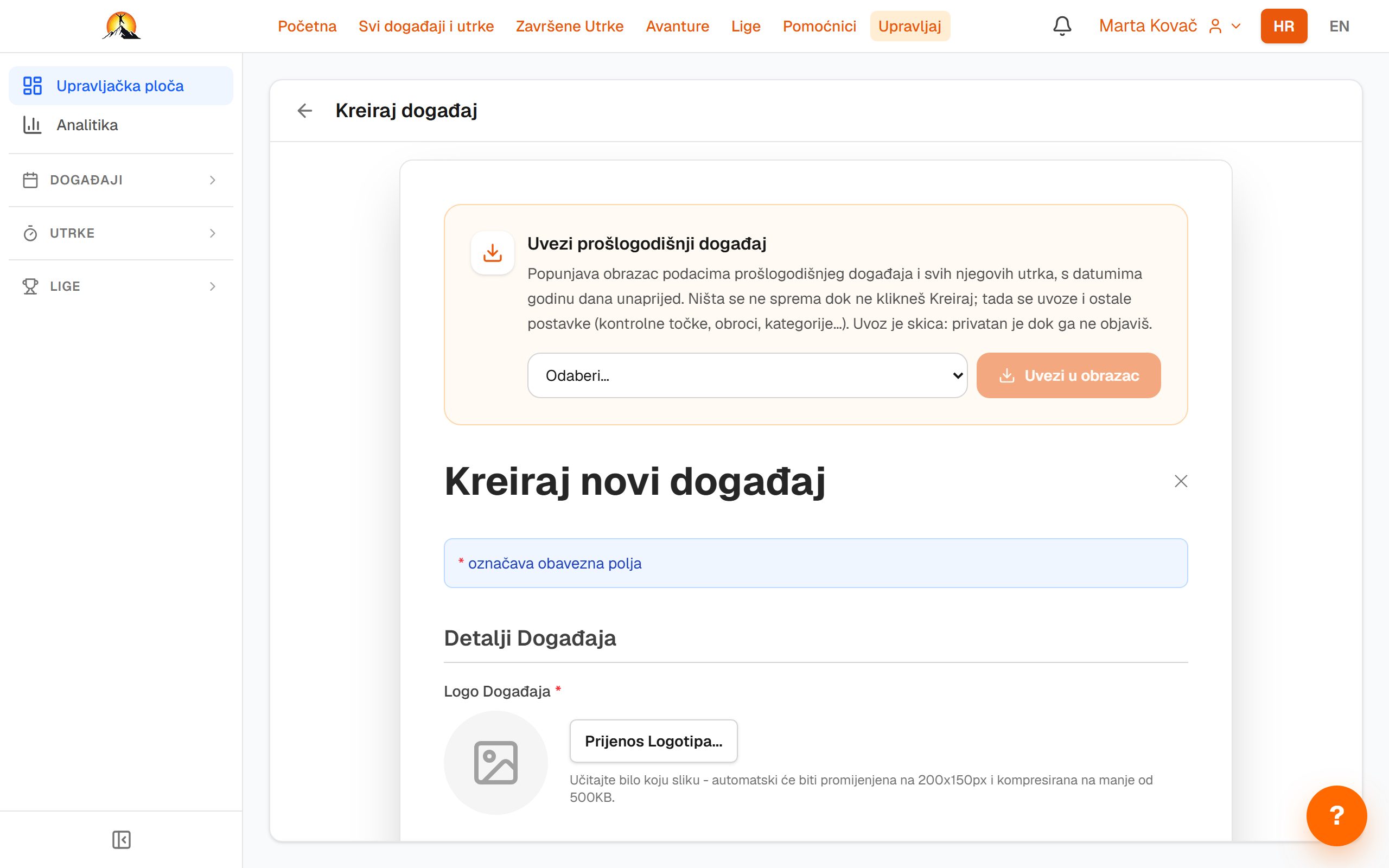 Kreiranje događaja. Prošlogodišnji događaj može se uvesti da popuni obrazac.