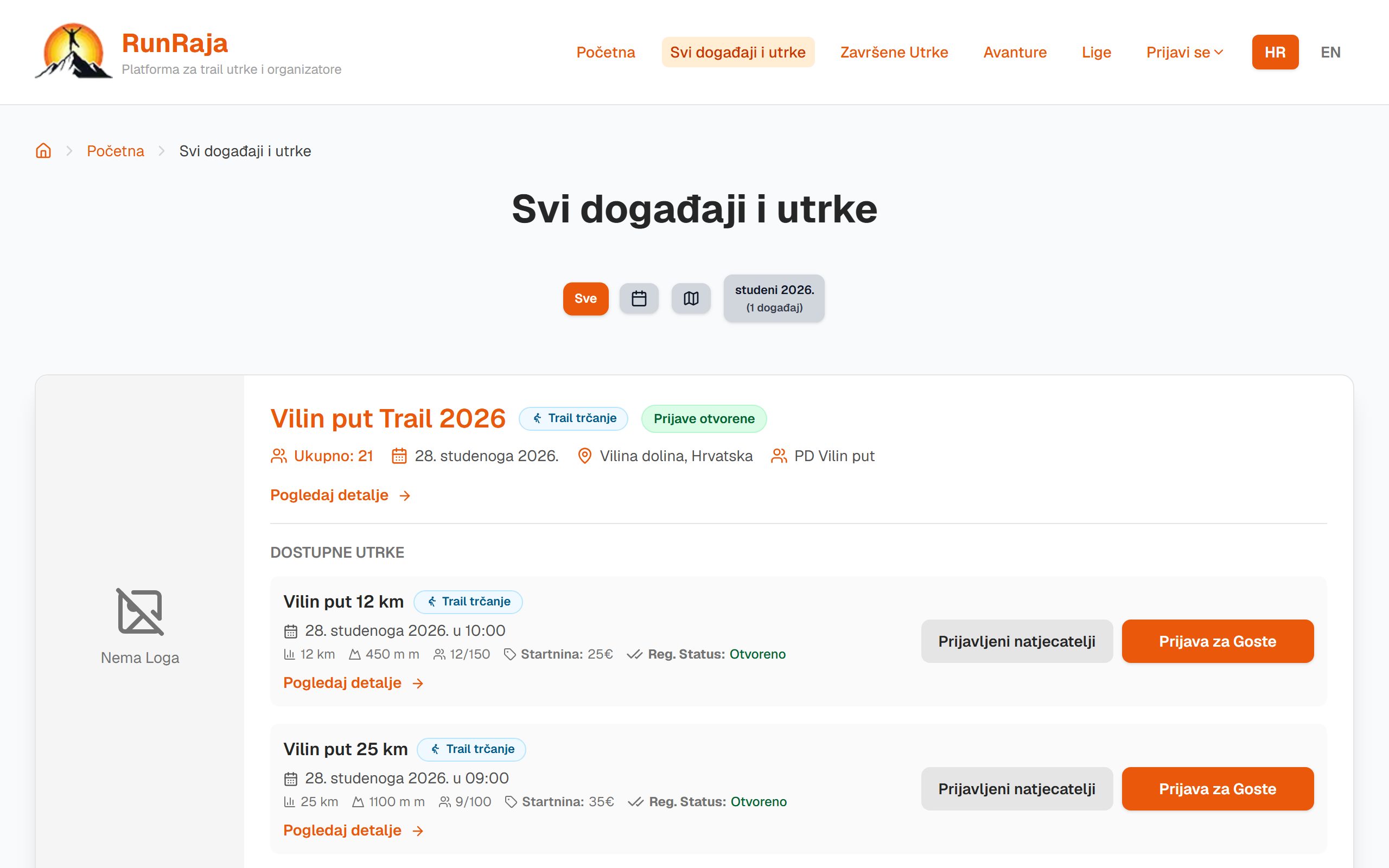 Svi događaji i utrke, s prikazom po datumu i na karti.